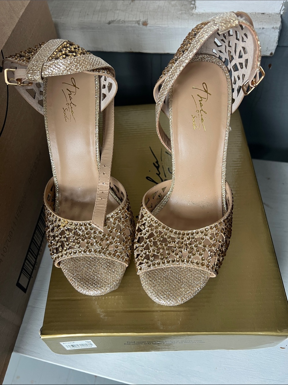 Thalia Sodi Gold Glitter Beaded Open-Toe Ankle Strap Heels